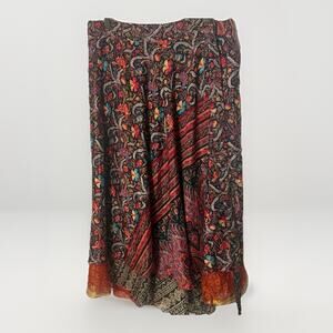 Wevez Adjustable Size Wrap India Silk Blend Paisley Floral Red Orange Boho Skirt